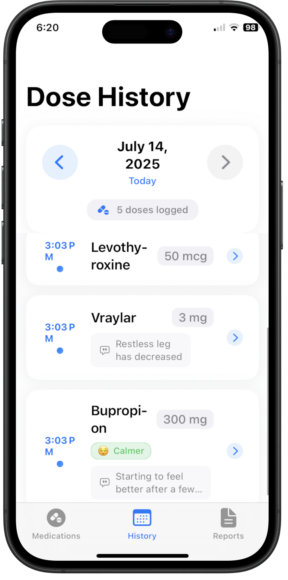 Screenshot of OncoTrack&apos;s calendar view for selecting log dates