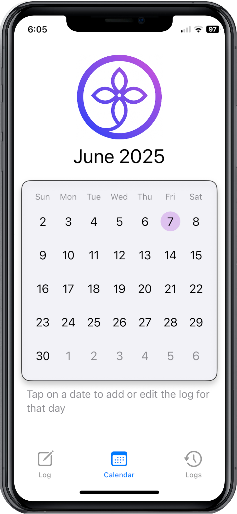 Screenshot of OncoTrack&apos;s calendar view for selecting log dates