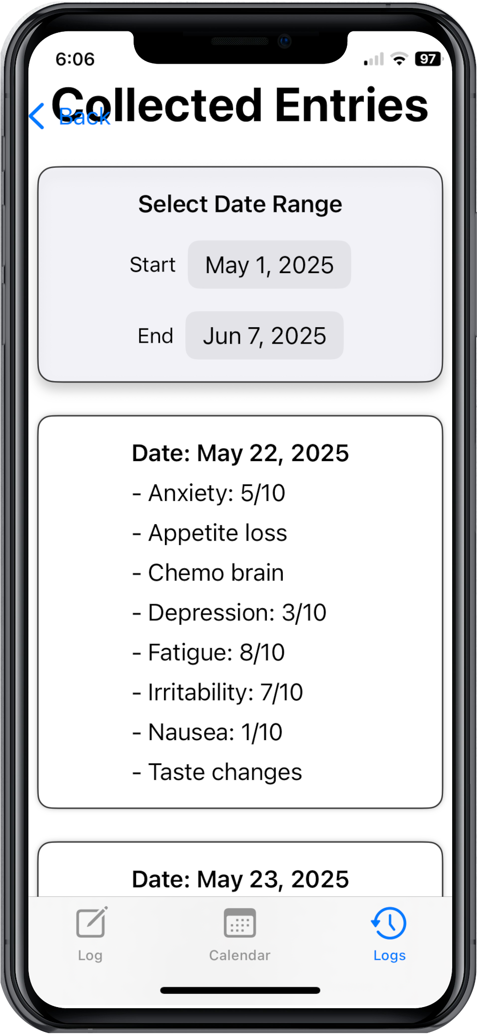 Screenshot of OncoTrack&apos;s collected symptom entries by date