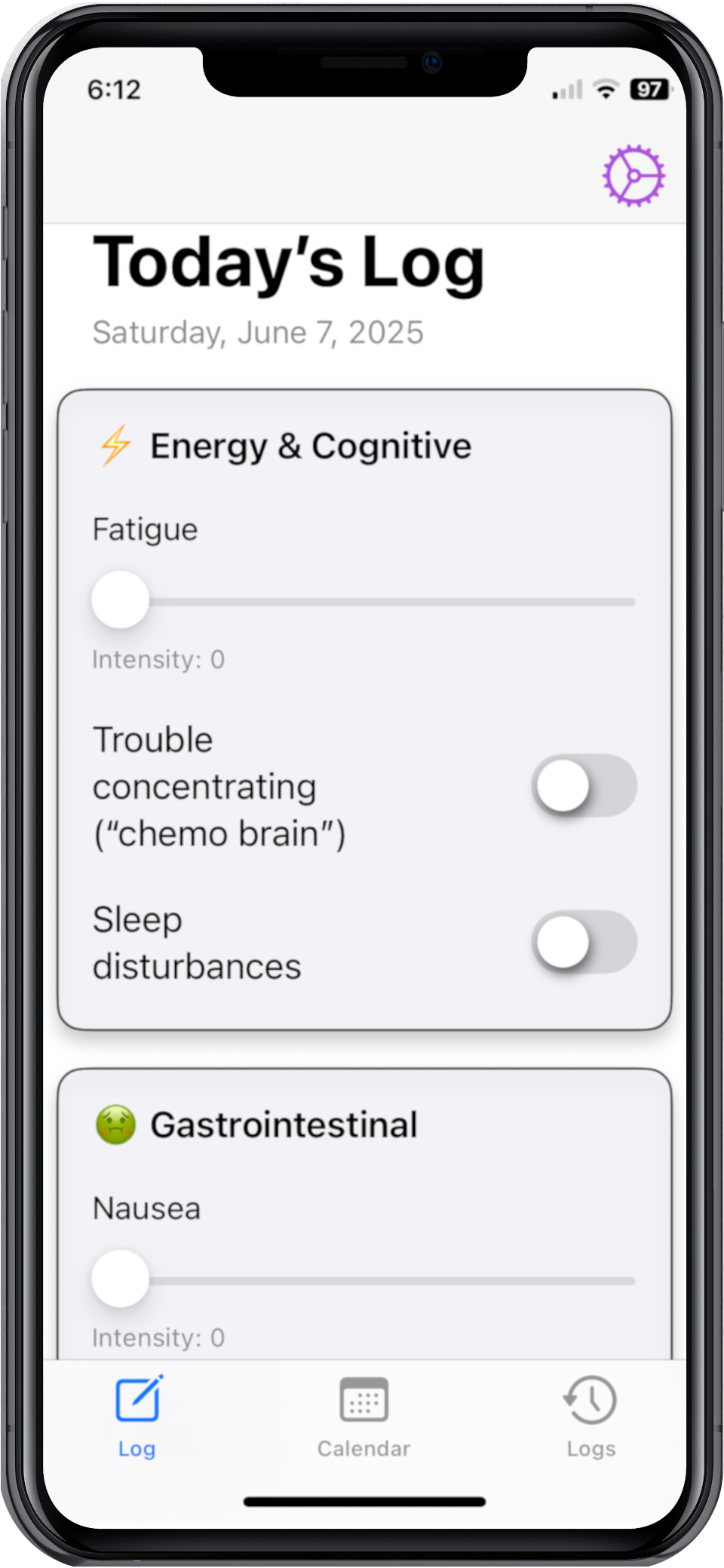 Screenshot of OncoTrack’s daily symptom log interface with toggles and sliders