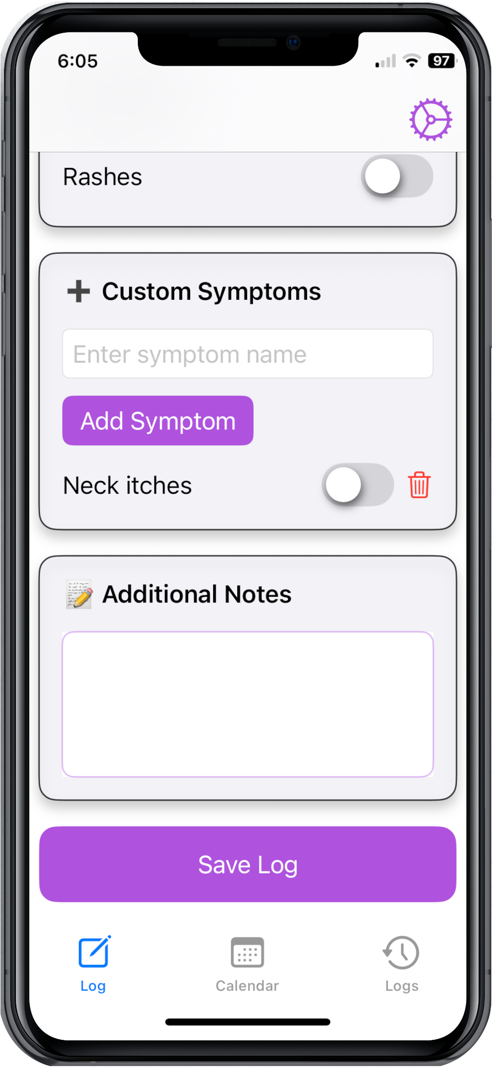 Screenshot of OncoTrack’s custom symptom entry and notes section
